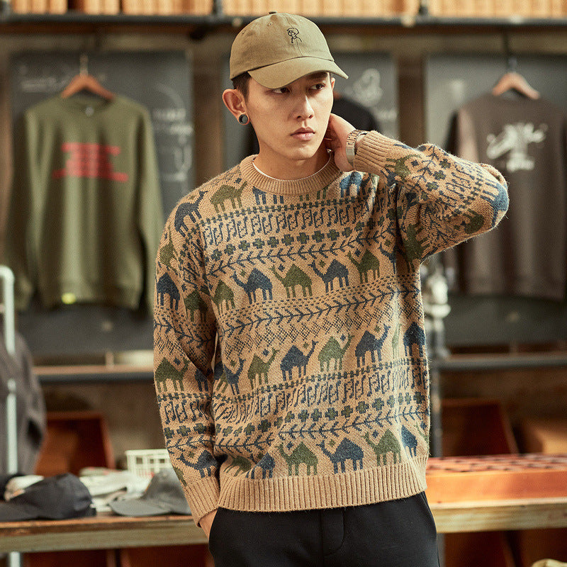 Herren Strickpullover mit Kamel-Jacquardmuster und geripptem Saum Drune