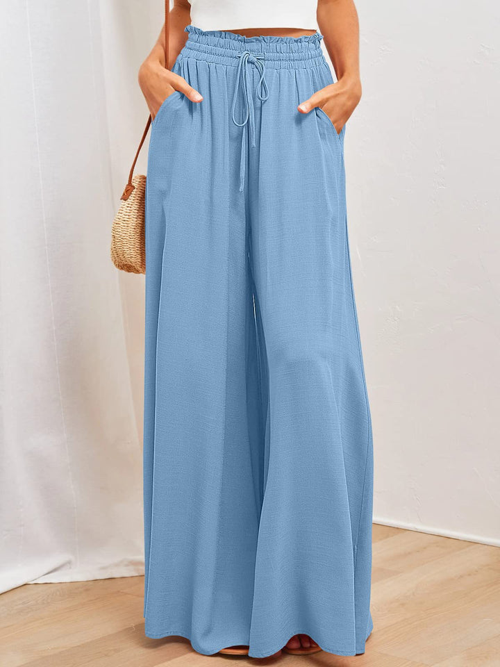 Frauen Hohe Taille Rüschen Elastischer Bund Weite Bein Strand Palazzo Hose mit Zugband und Seitentaschen Drune