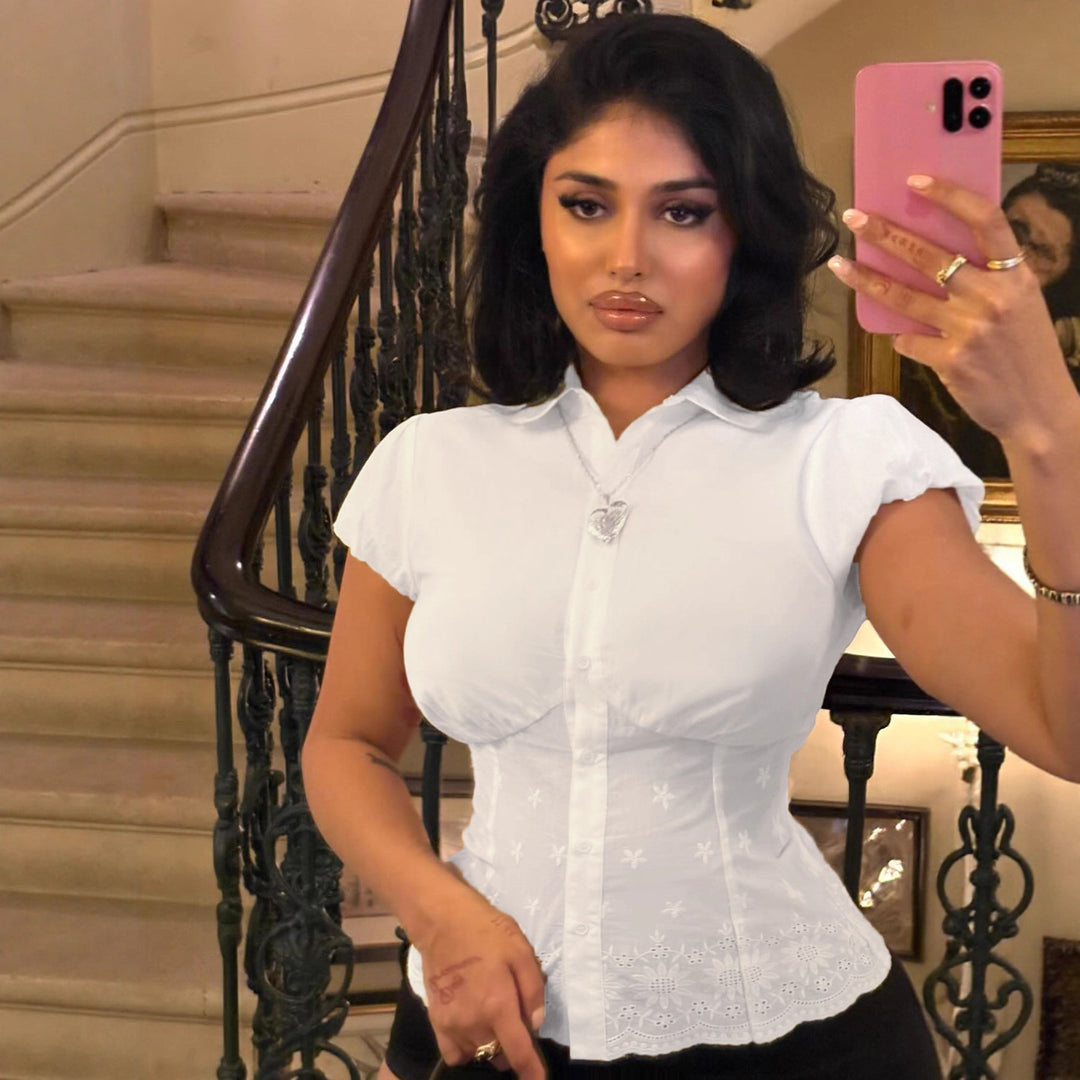 Damen elegante Bluse mit floralen Stickereien und gepufften Ärmel Drune