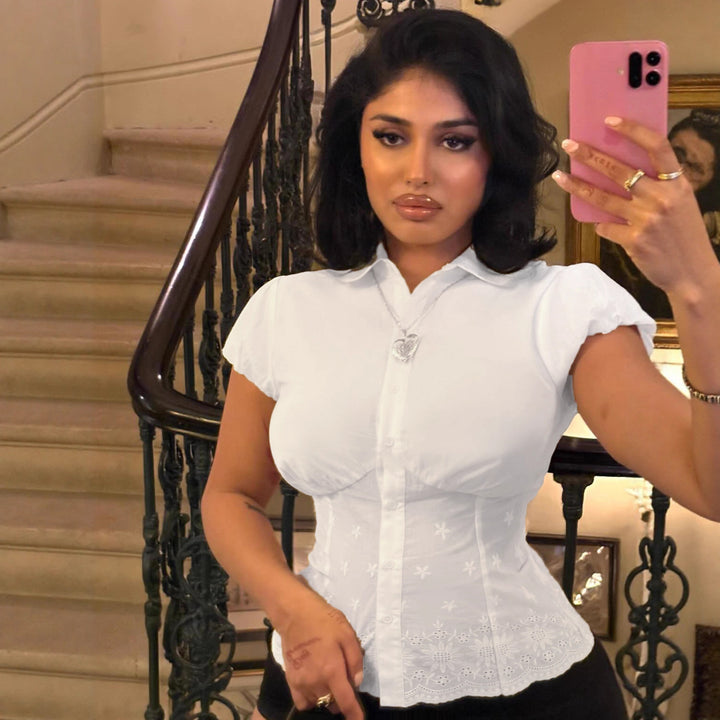 Damen elegante Bluse mit floralen Stickereien und gepufften Ärmel Drune