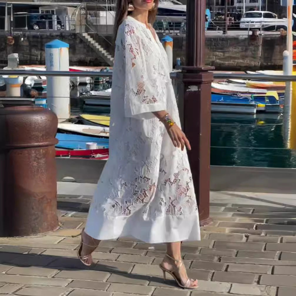 Damen nan luftiges Spitzen-Maxikleid mit floraler Ajourstickerei, lockerem Kimonoärmelschnitt und leichtem Unterkleid Drune