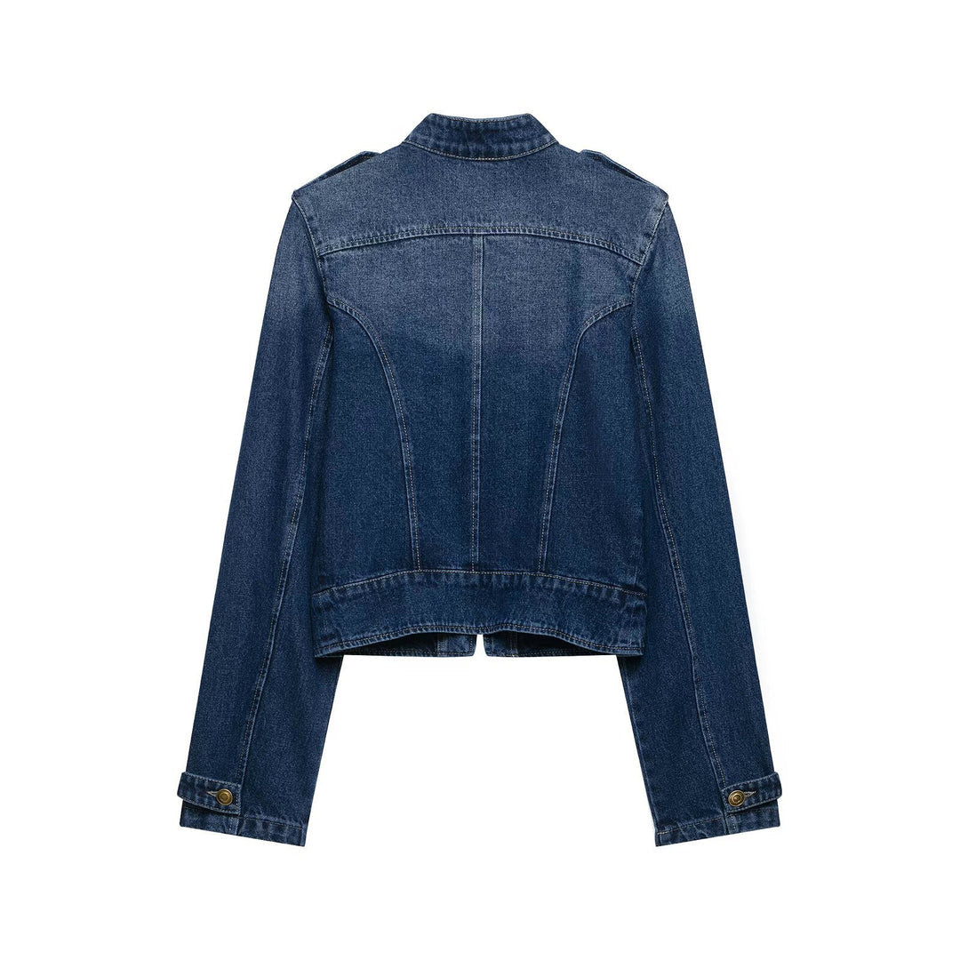 Damen Kurz geschnittene Jeansjacke im Military‑Stil mit Stehkragen Drune