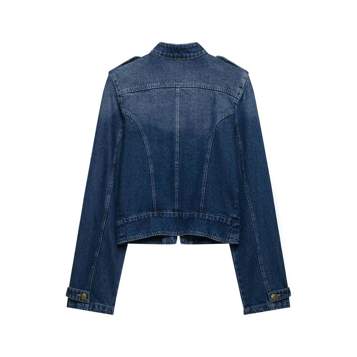 Damen Kurz geschnittene Jeansjacke im Military‑Stil mit Stehkragen Drune
