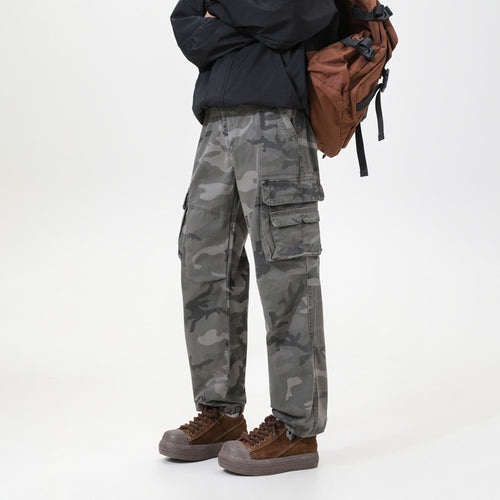 Herren Cargo-Hose mit Camouflage-Muster, Relaxed-Fit, Mehrfach-Taschen und Kordelzug am Saum Drune
