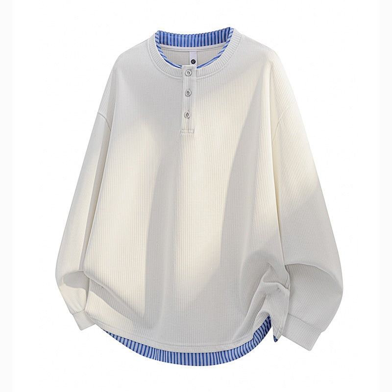 Unisex Oversize Henley-Langarmshirt mit Rippenstruktur und Einsatzlayer Drune