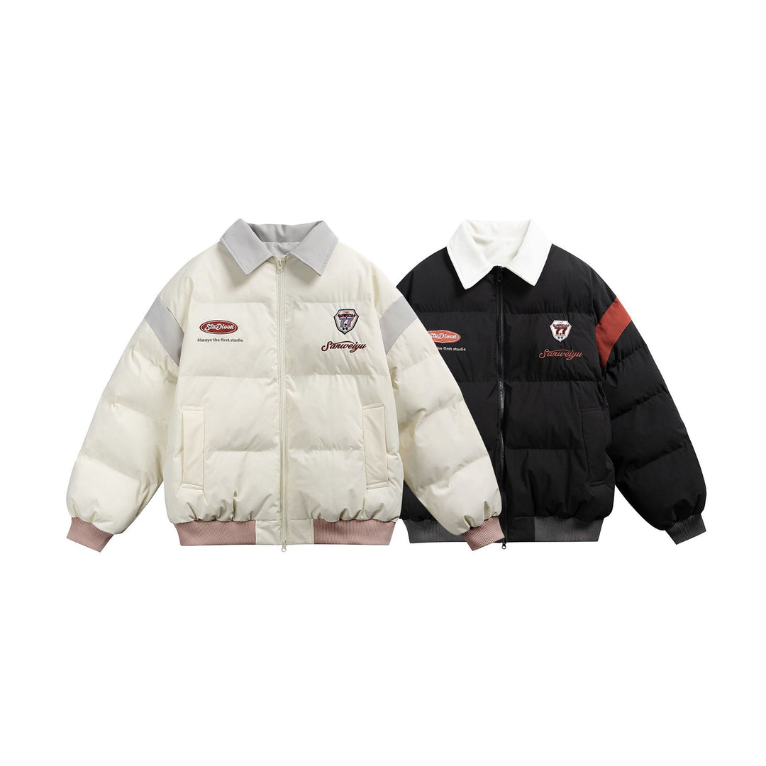Damen Kurz geschnittene wattierte Blousonjacke mit kontrastierendem Kragen und Stickdetails Drune