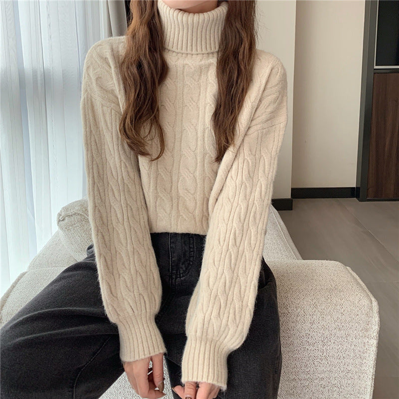 Damen Grobstrickpullover mit hohem Kragen und Zopfmuster Drune
