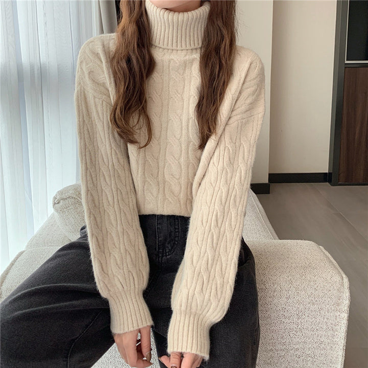 Damen Grobstrickpullover mit hohem Kragen und Zopfmuster Drune