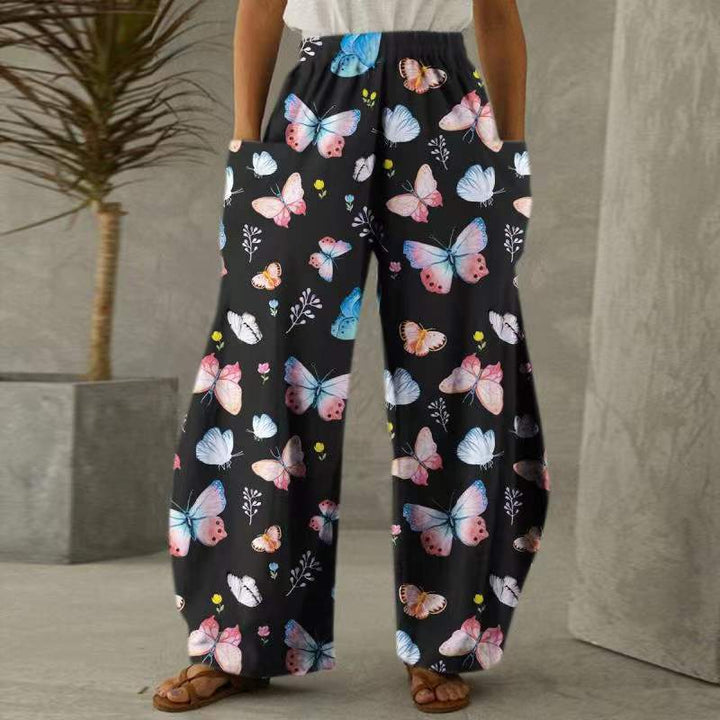 Damen Weite Blumen-Hosen mit Taschen und elastischem Bund Drune
