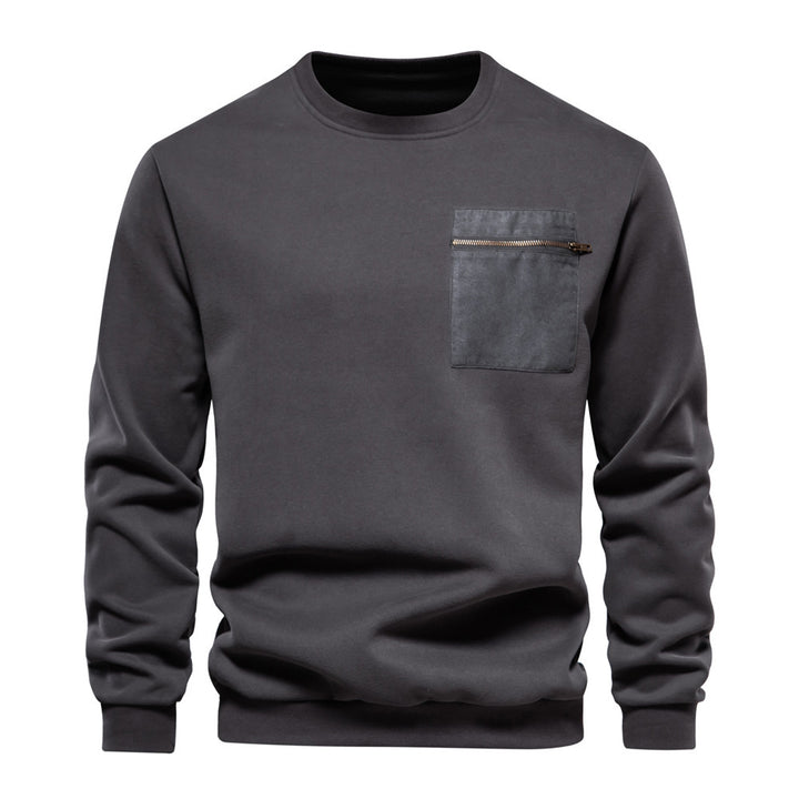 Herren nan Sweatshirt mit Rundhalsausschnitt, aufgesetzter Brusttasche mit horizontalem Reißverschluss und geripptem Saum Drune