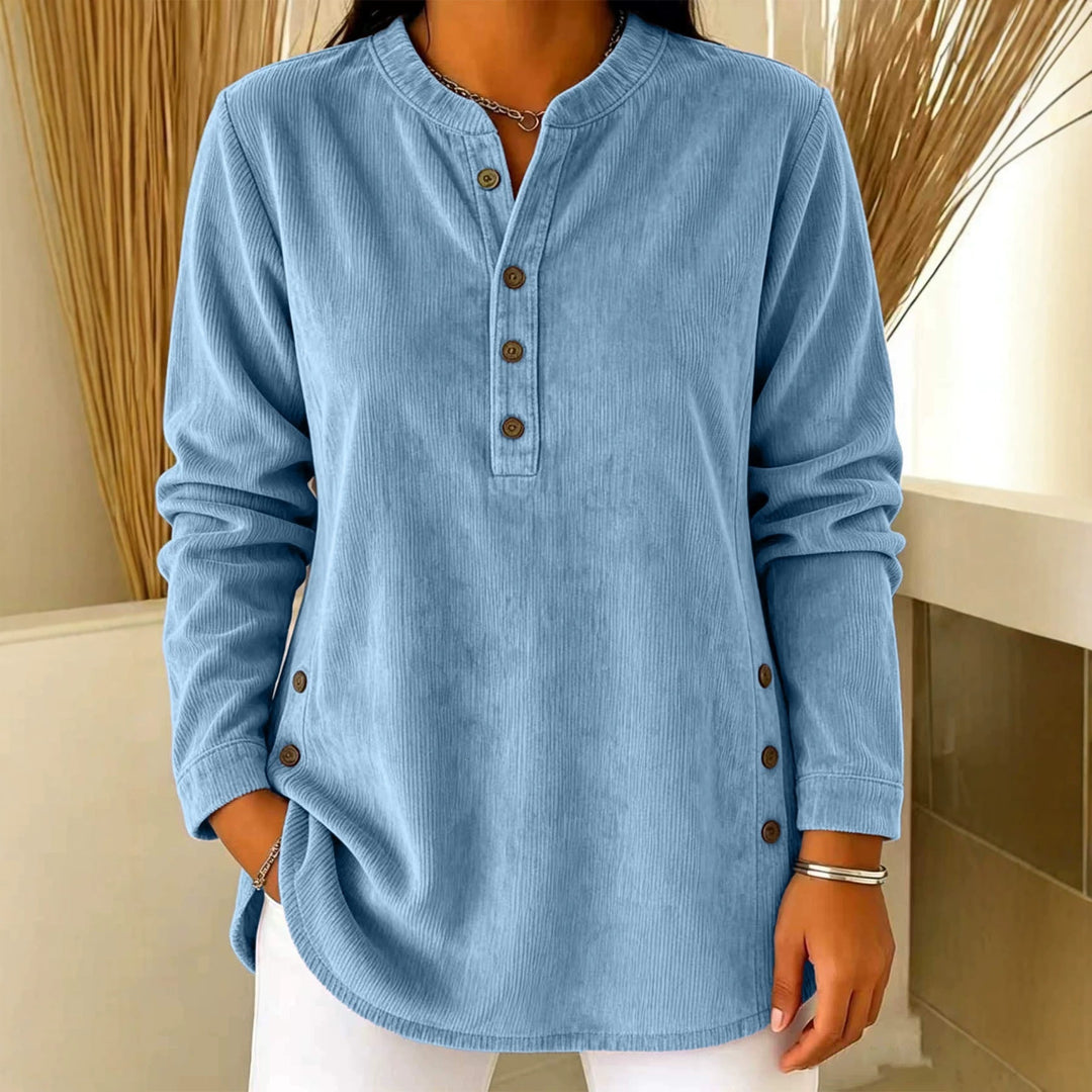 Damen Lässige Cordoptik‑Tunika mit Henley‑Kragen und Seitenknöpfen Drune