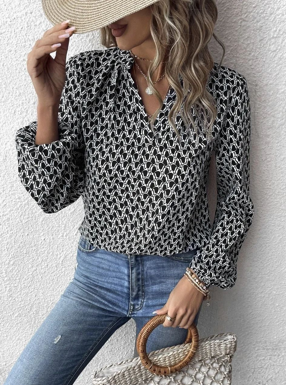 Damen Gemusterte Viskose-Bluse mit Stehkragen und Ballonärmeln Drune