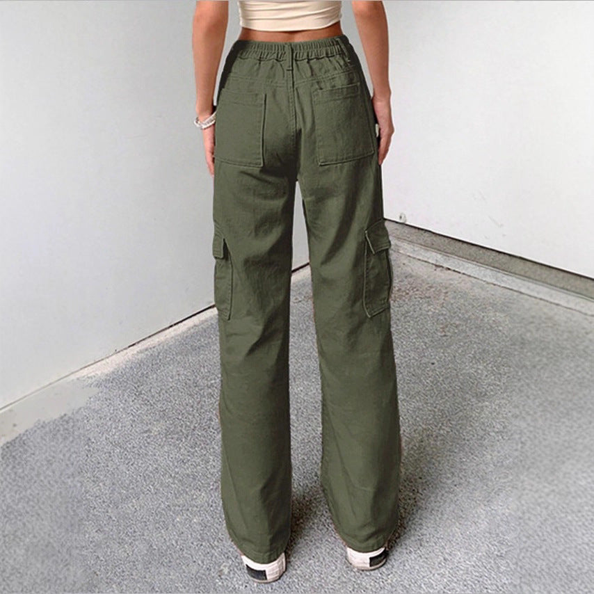 Damen weite Cargo-Hose mit hoher Taille, aufgesetzten Klappentaschen und legerer Baggy-Passform Drune