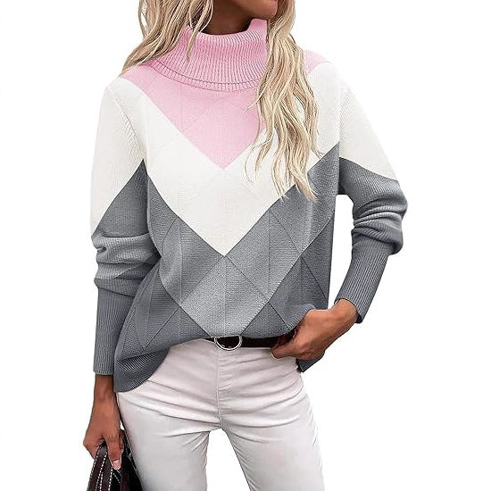 Damen Strickpullover mit hohem Kragen und modernen Farbblockdetails Drune