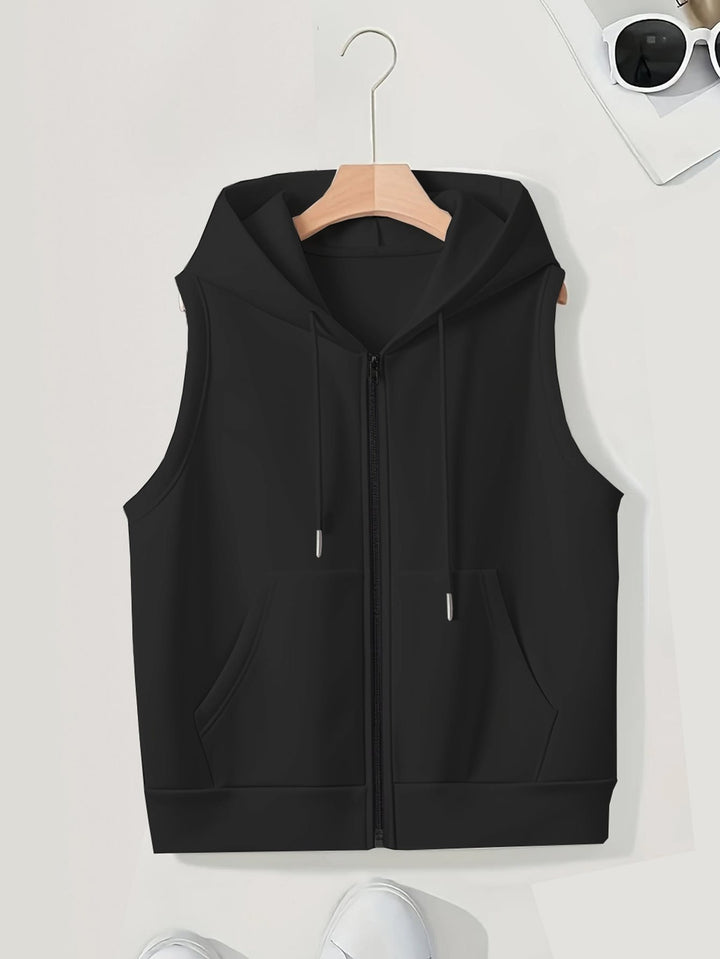Damen Ärmellose Zip‑Hoodie‑Weste aus weichem Sweat mit Kängurutaschen Drune