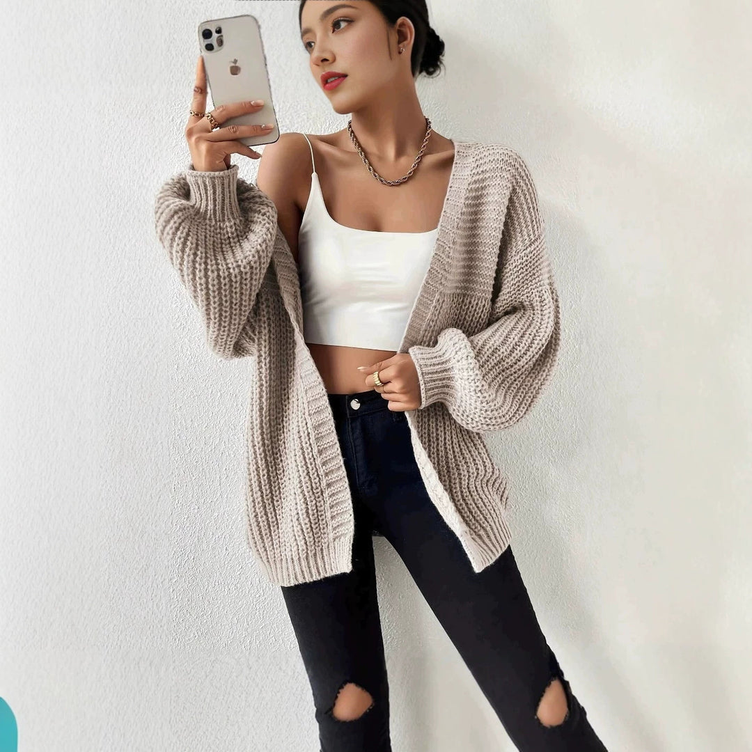 Damen nan Oversize-Strickcardigan mit grobem Waffelstrick, offener Front und voluminösen Ballonärmeln Drune
