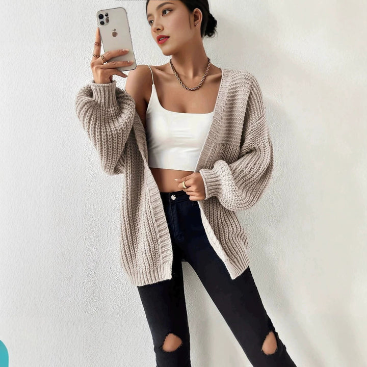 Damen nan Oversize-Strickcardigan mit grobem Waffelstrick, offener Front und voluminösen Ballonärmeln Drune