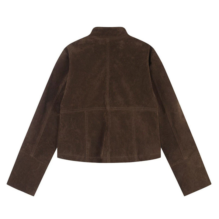 Damen kurze Wildleder-Utilityjacke mit Stehkragen, Mehrfachtaschen und Reißverschluss Drune