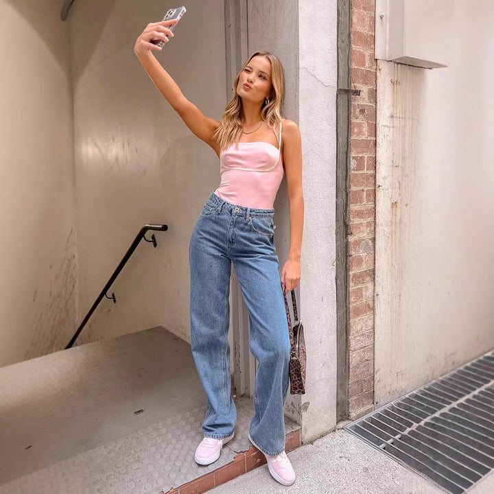 Damen Hohe Taille Jeans mit weitem Bein und klassischem Schnitt Drune
