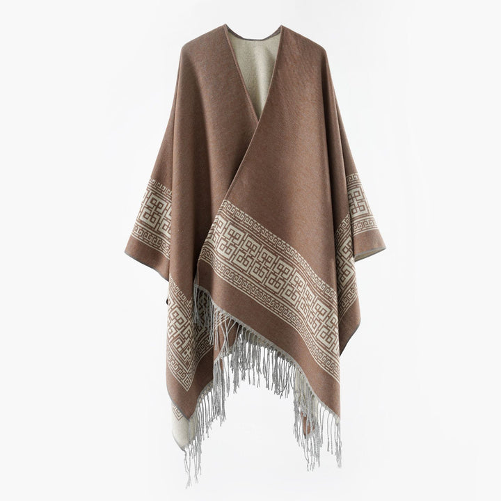 Damen Reversibler Wollmix‑Überwurf im Kimono‑Fall mit ornamentaler Bordüre und Zierfransen Drune