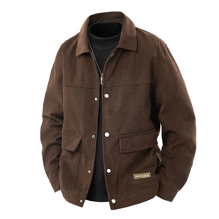 Men's  relaxed corduroy chore jacket with patch flap pockets and metal snap front Drune