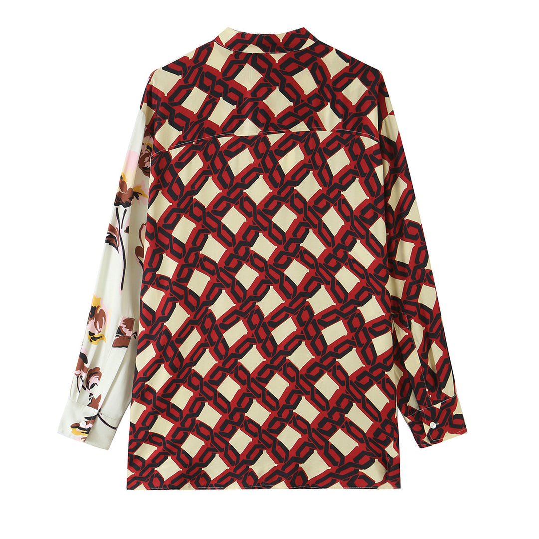 Damen Asymmetrische Seidenoptik-Bluse mit Kontrast-Print und Stehkragen Drune
