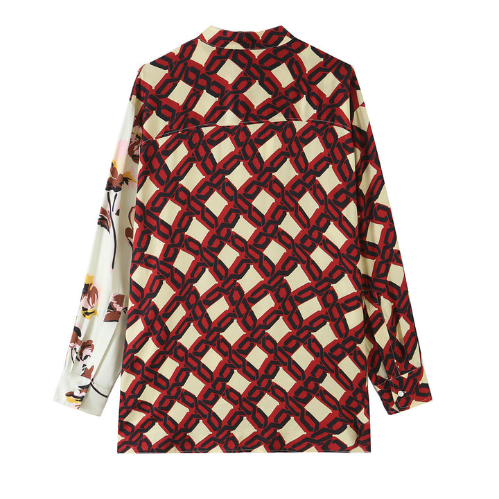 Damen Asymmetrische Seidenoptik-Bluse mit Kontrast-Print und Stehkragen Drune