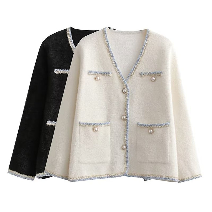 Damen elegante Strickjacke mit dekorativen Perlenknöpfen und praktischen Taschen Drune