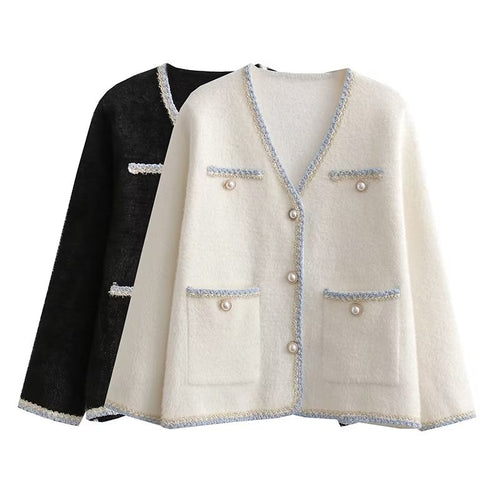 Damen elegante Strickjacke mit dekorativen Perlenknöpfen und praktischen Taschen Drune