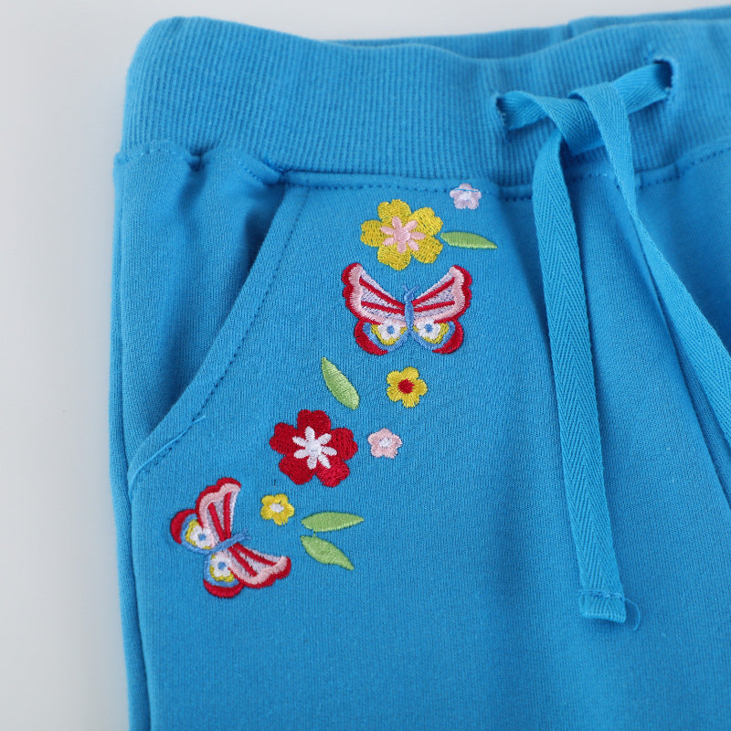 Mädchen Jogginghose mit bunten Blumen- und Schmetterlingsstickereien Drune