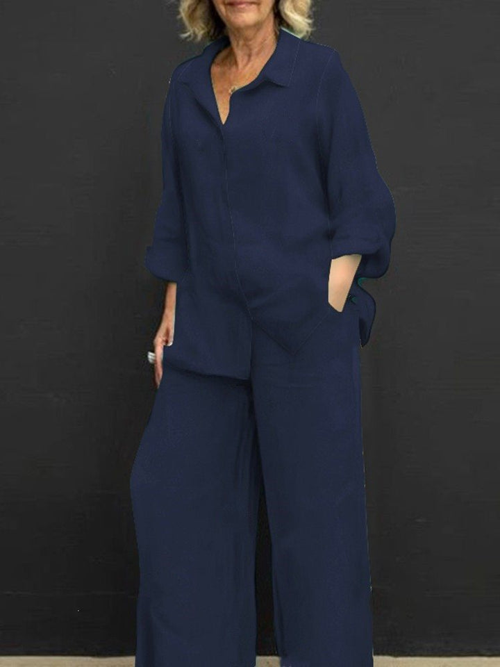 Damen Leichtes Leinen-Loungewear-Set mit Oversized-Hemd und weiter Palazzo-Hose Drune