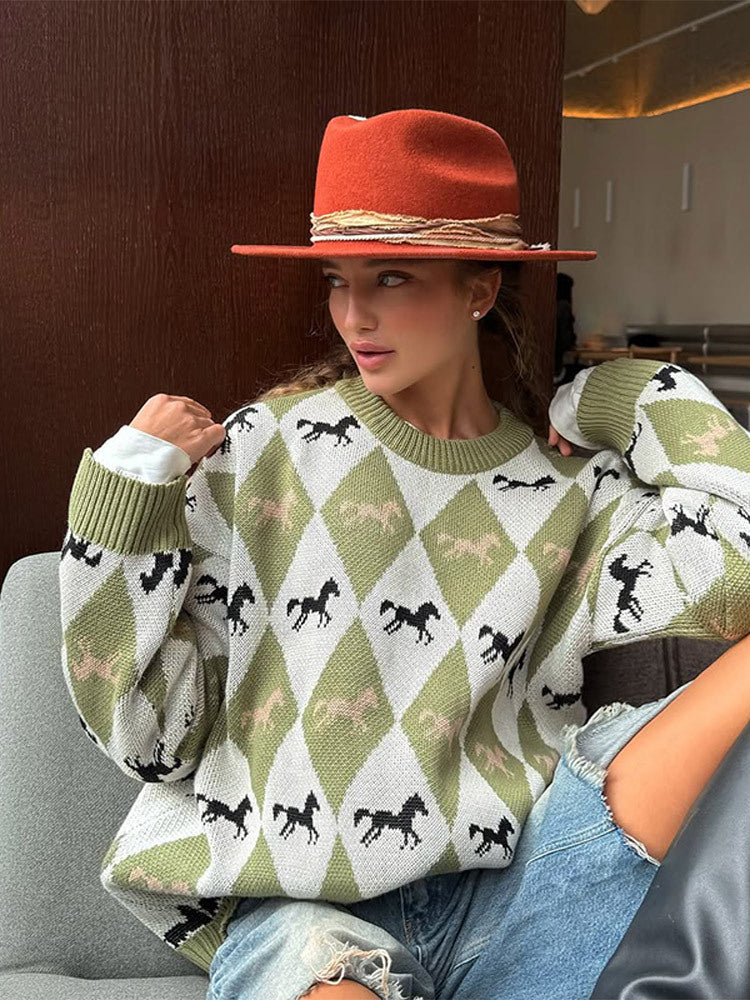 Damen Oversize Strickpullover mit Argyle-Muster und Pferde-Motiv Drune