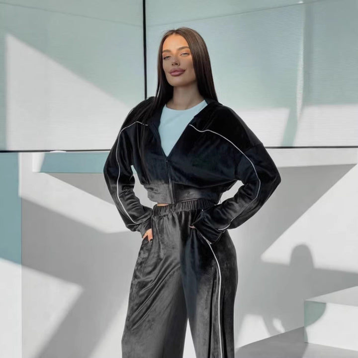 Damen Crop-Zip-Samtjacke und weite High-Waist Palazzo-Sweathose Set Drune