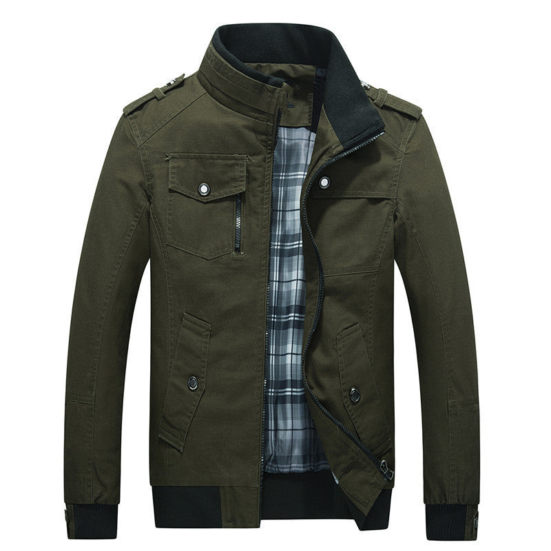 Herren nan militärisch inspirierte Übergangsjacke mit Stehkragen, Epauletten, Klappentaschen und kariertem Innenfutter Drune