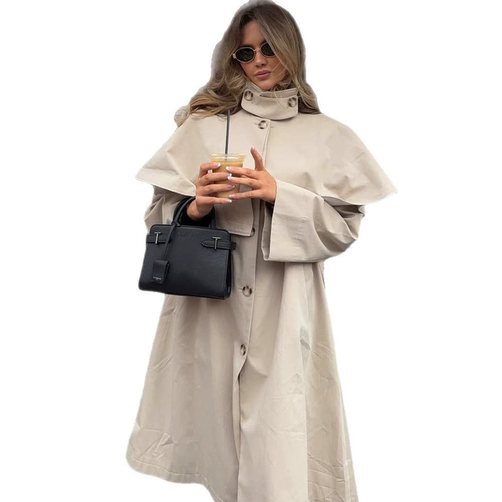 Damen Oversize-Trenchcoat mit Cape-Detail und hohem Stehkragen Drune