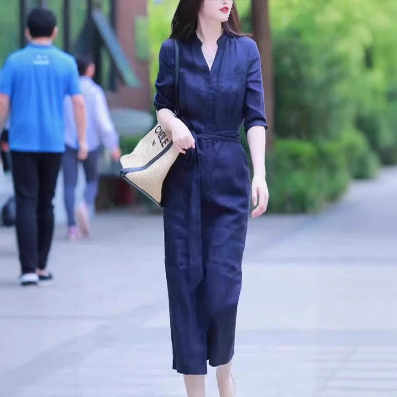 Damen Leichter Culotte-Jumpsuit mit Stehkragen, 3/4-Ärmeln und Taillengürtel Drune