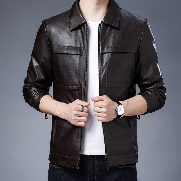 Herren minimalistisches Kunstleder-Zipblouson mit Hemdkragen und Pattentaschen Drune