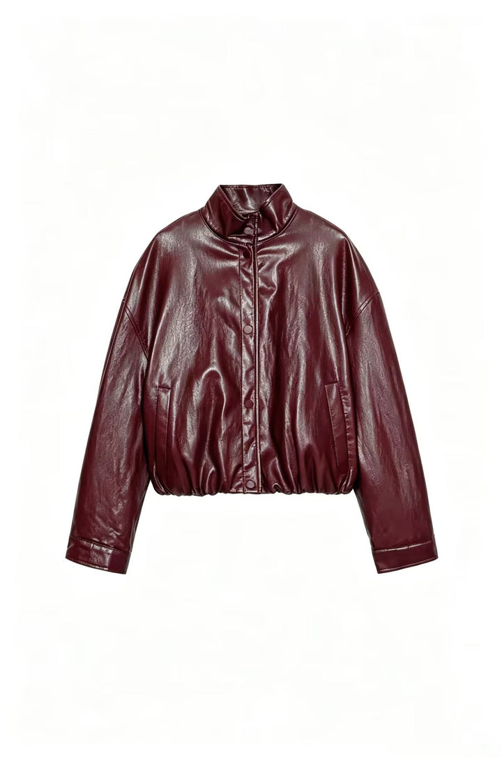 Damen Cropped Kunstleder‑Bomber mit Stehkragen, Druckknopfleiste und elastischem Bund Drune