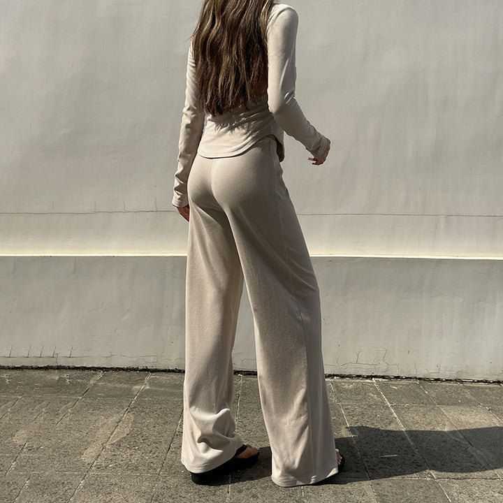 Damen nan legerer Palazzo-Loungehose mit Umschlagbund und weichem Baumwollstretch Drune
