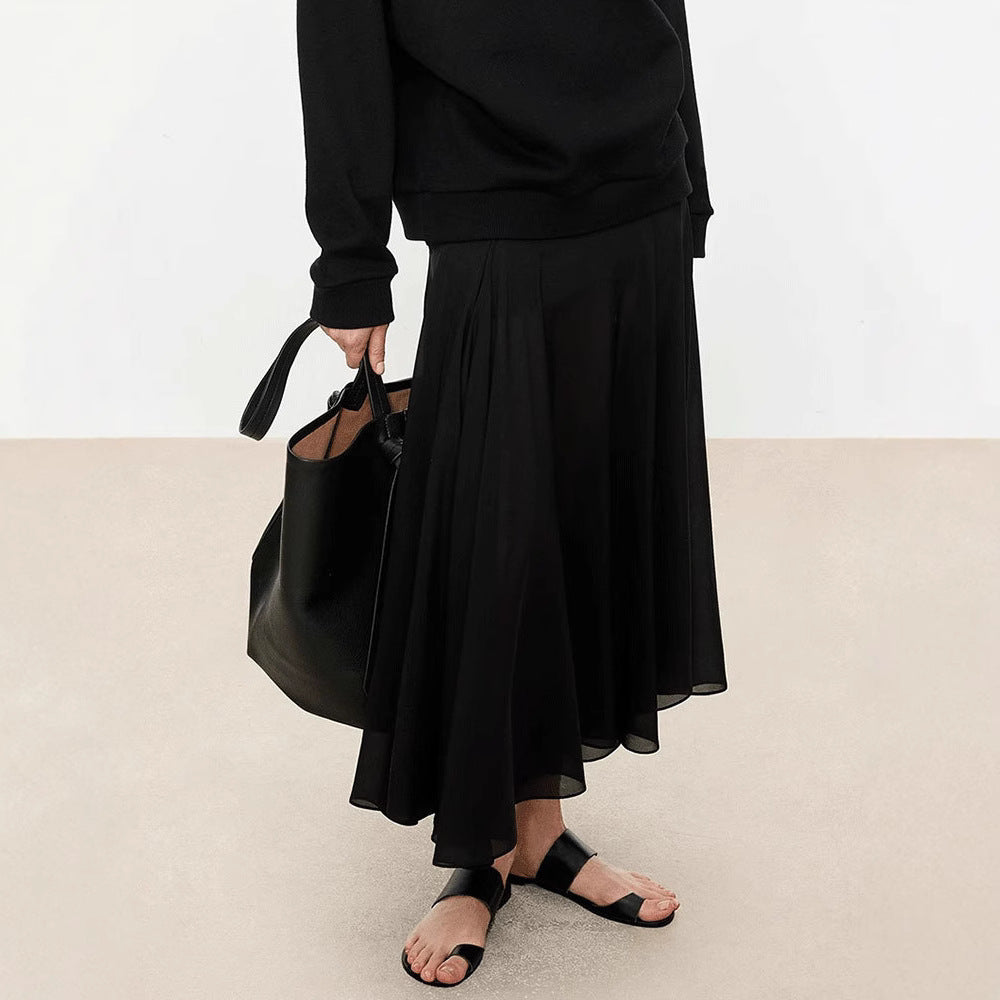 Satinrock Schwarz Damen Maxi leicht und schwingend