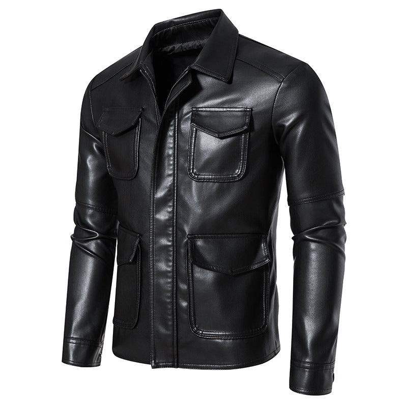 Herren Field-Jacke in glatter Lederoptik mit Pattentaschen und schlanker Passform Drune