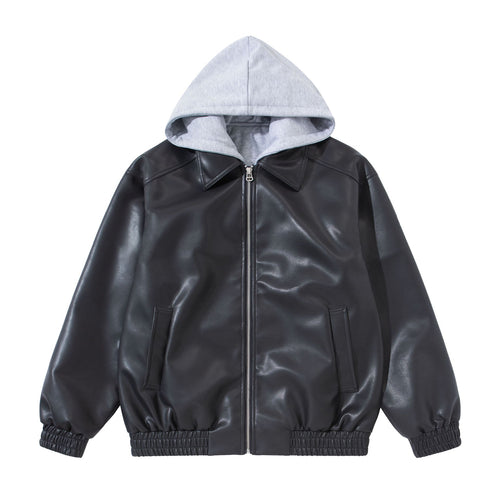 Herren Boxy-Lederblouson mit angenähter Jersey-Kapuze und geripptem Saum Drune