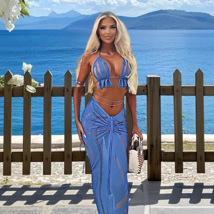 Damen Transparente Strandkleid Kombination mit Rüschen und Bindebändern Drune