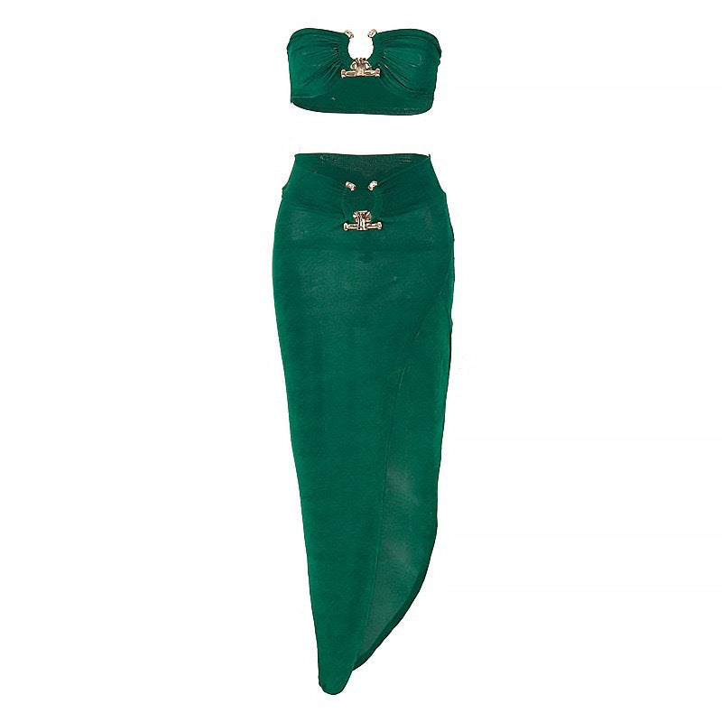 Damen Stylisches Bandeau-Top und Maxi-Rock Set mit hohem Schlitz und eleganten Details Drune