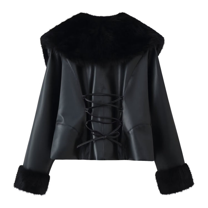 Damen 20+ kurze Kunstlederjacke mit großem Kunstfellkragen und Fellmanschetten Drune