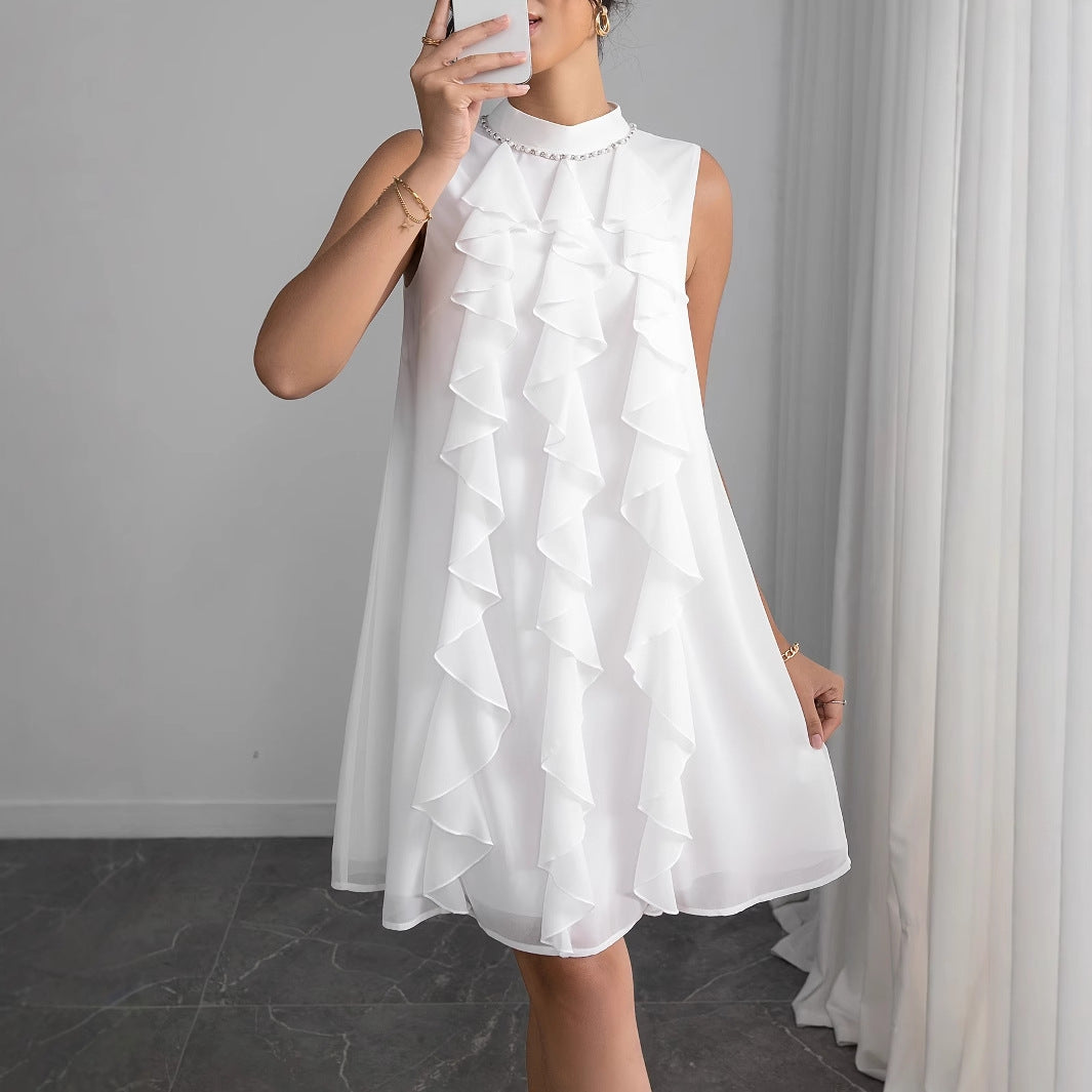 Damen Chiffon Kleid mit voluminösen Rüschendetails und elegantem Stehkragen Drune