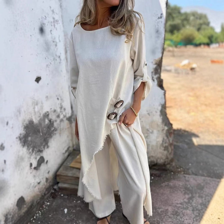 Damen Lässiges Maxikleid mit tiefem Rundhalsausschnitt und praktischen Knopfdetails Drune