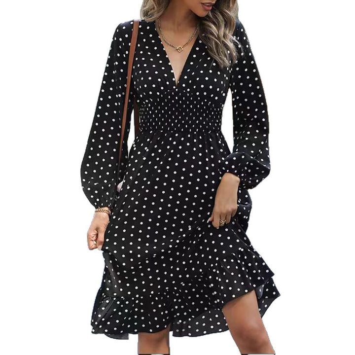 Damen nan punktiertes A-Linienmidikleid mit V-Ausschnitt, smocktaillenbund und zweistufigem Volant Drune