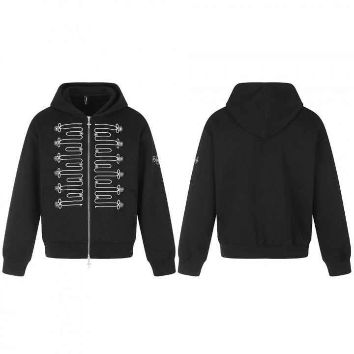 Unisex Reißverschluss-Kapuzenjacke im Military-Look mit Kordelstickerei und Kreuz-Zipper Drune
