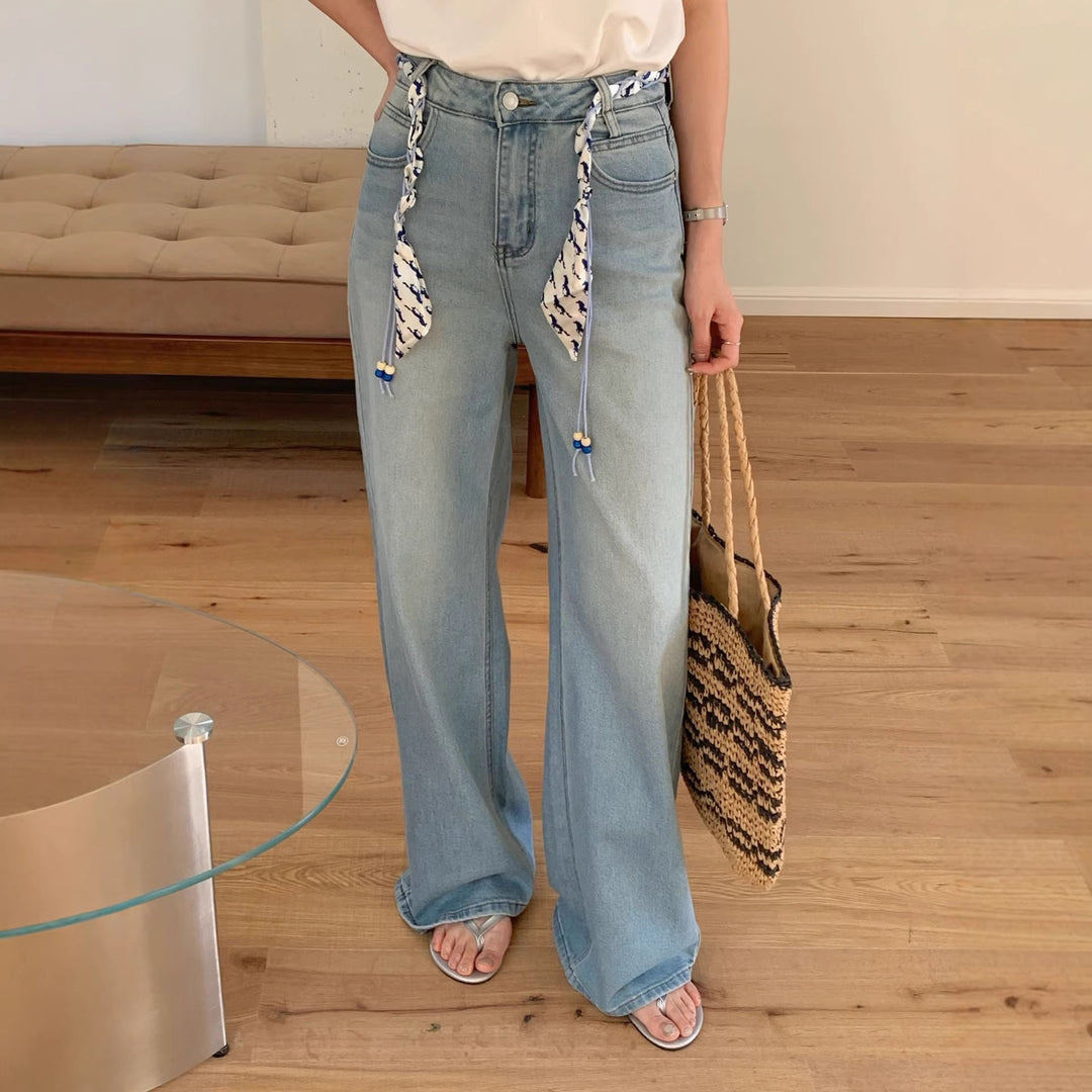 Damen Weite Jeanshose mit dekorativem Gürtel Drune